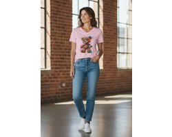 Dames T-shirt – V-hals met print – korte mouw – comfortabel katoen – light pink-maat M - damesshirt - dames