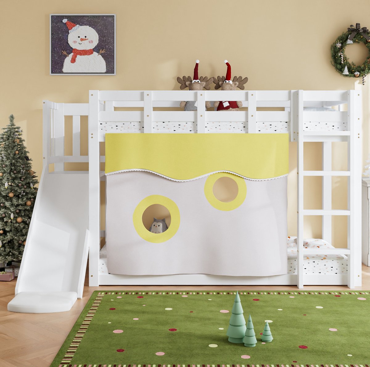 MEUNIQ stapelbed 90x200 cm met trap, glijbaan, bedgordijnen en uitvalbeveiliging, kinderbed voor de kinderkamer, MDF en grenenhout, wit