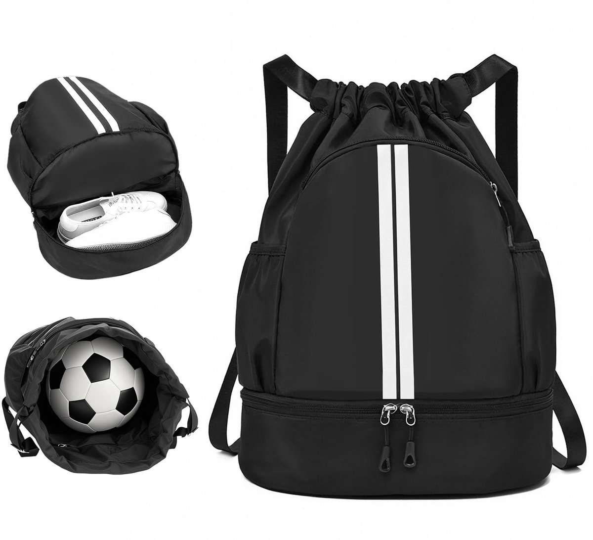 Dailygoods - Multi-Compartiment Gymrugzak met Trekkoord - Ontwerp met Koord Waterdichte Drawstring Rugzak, Unisex Rugzak met Trekkoord, Waterbestendige voor Dames en Heren, Zwar