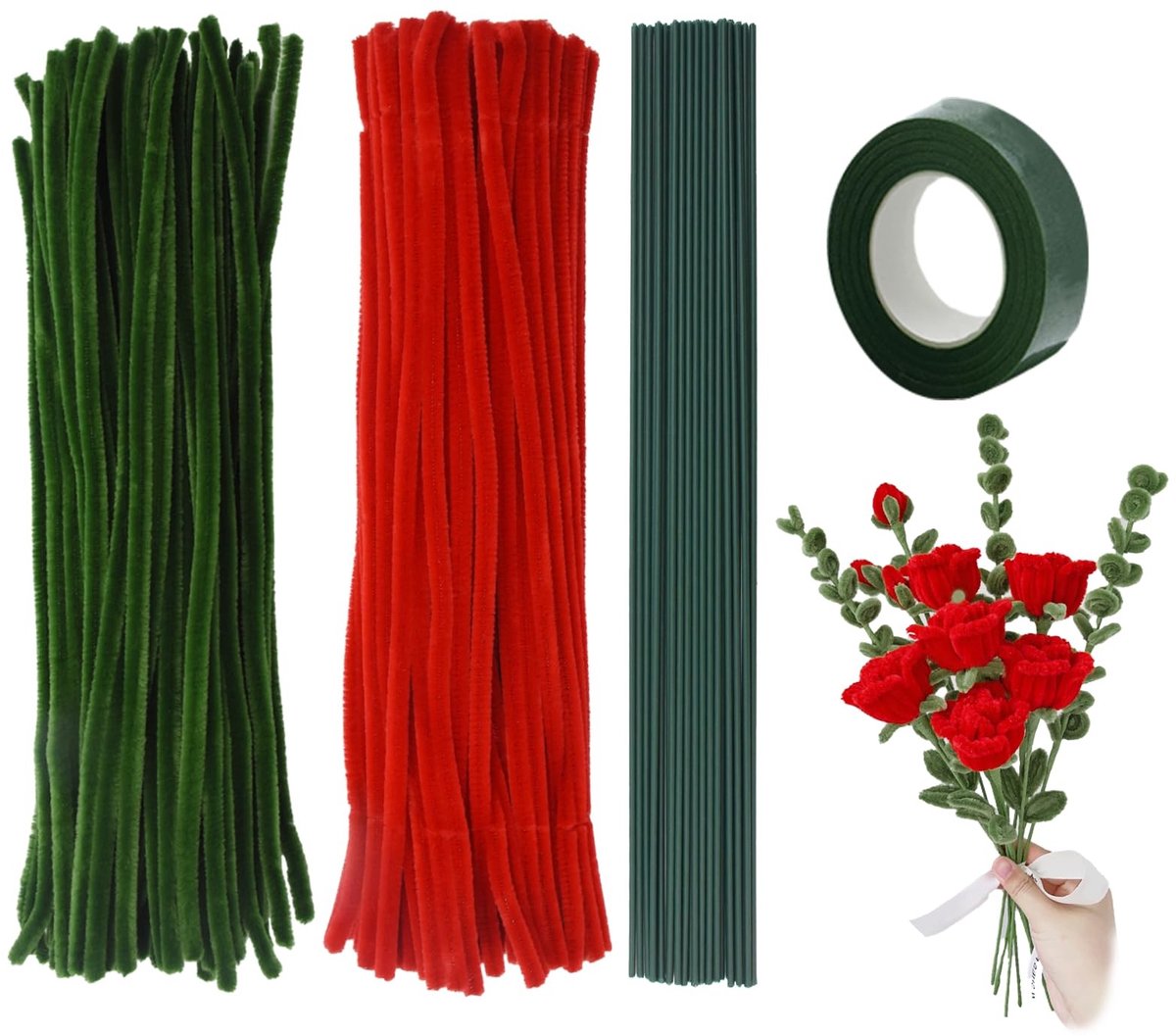 Dailygoods - Buisreinigers, bloemenset, 200 stuks, buisreiniger, 2 kleuren rozen, buisreiniger, groene chenillestammen, boeket, handwerk, buisreiniger, rood boeket voor beginners, doe-het-zelf handwerk,