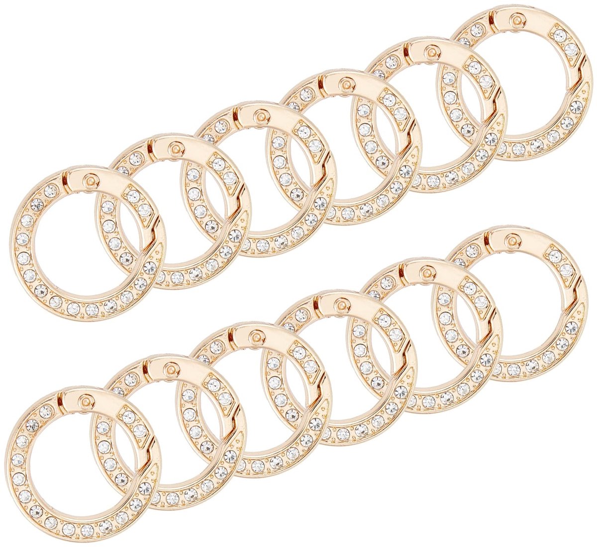 Dailygoods- Sleutelhanger Set van 12 - Ronde O-Ringen met Strass - Karabijnhaak - Zinklegering - Lichtgewicht - Eenvoudig te gebruiken