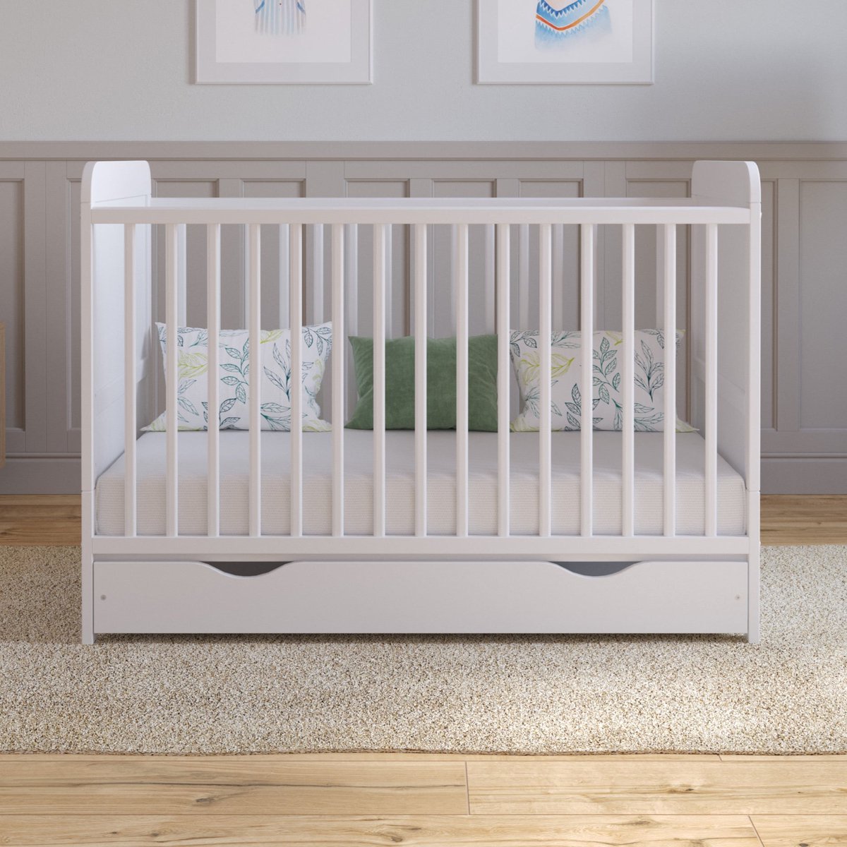 Babybed Levi hout Wit 120x60 cm – ledikant met lade – ombouwbaar tot peuterbed – 3 verstelbare hoogtes
