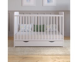 Babybedje Levi hout Wit 120x60 cm – ledikant met lade – ombouwbaar tot peuterbed – 3 verstelbare hoogtes