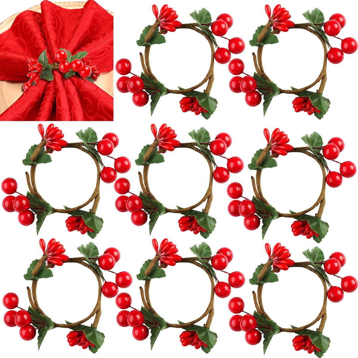 Dailygoods - Kerst Servet Ringen 8 Stuks Rode Bessen Servethouders Ring Handgemaakte Kerst Rustieke Servet Houders Kunstmatige Servet Gesp voor Verjaardag Feest Thanksgiving Nieuwjaar Diner Tafel Decor