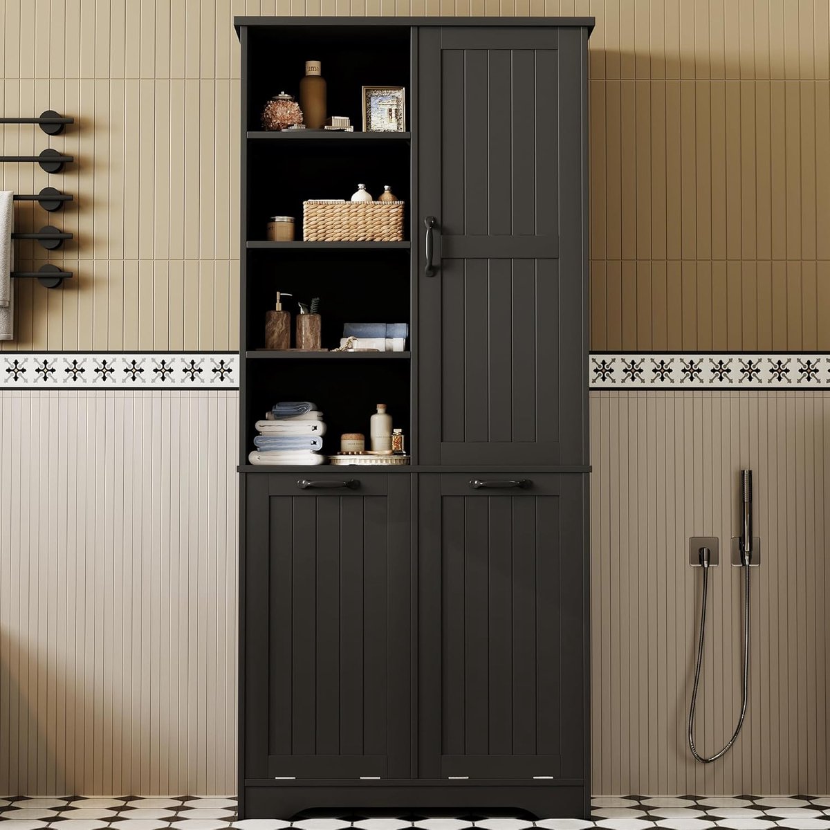 Badkamerkast - Opbergkast - Badkamer Organisatie - Vochtbestendige lak - 78x35x172 cm - Zwart