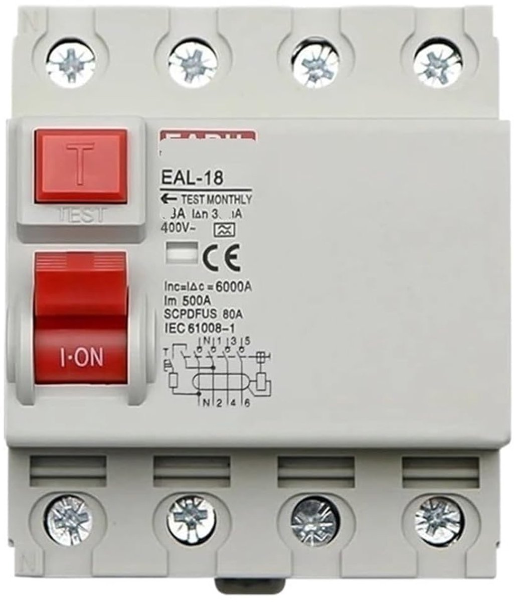 Aardlekschakelaar - Veiligheidsschakelaar - Elektrische Veiligheid - Vierpolig - 100/300mA - Wit