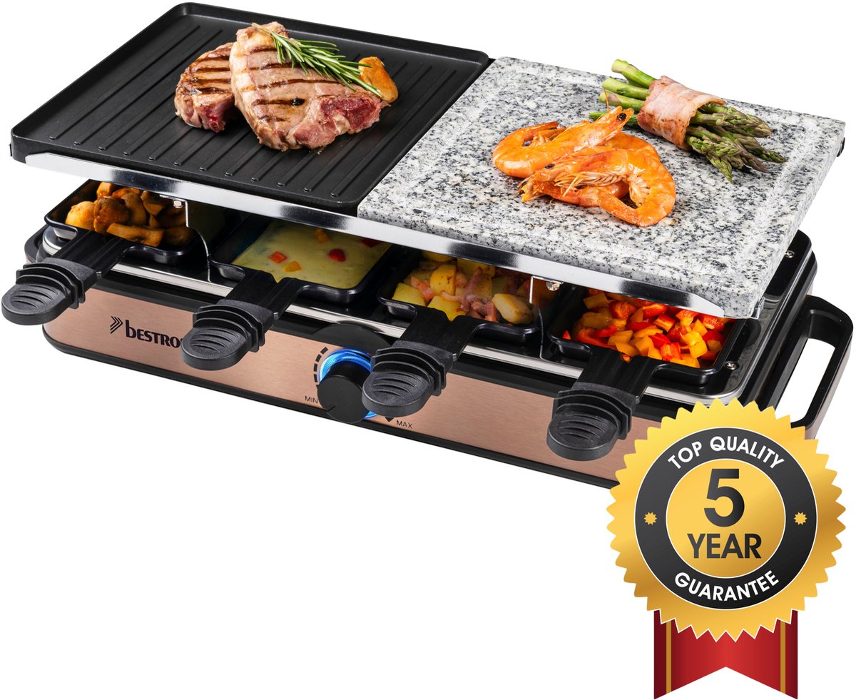 Bestron 2-in-1 raclette party grill, elektrische Gourmetstel voor maximaal 8 personen, krasbestendige natuurlijke grillsteen & bakplaat met antiaanbakplaag, 8 pannen & 8 spatels, 1400 Watt, kleur: koper