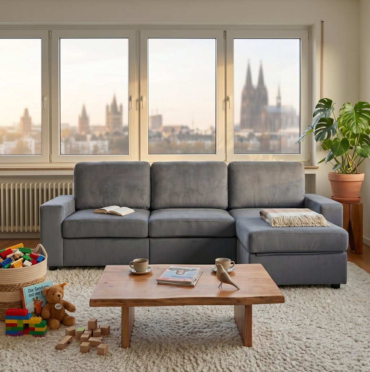 DESMIU Hoekbank 245,5 Cm - Met 4 Opbergvakken En Omkeerbare Chaise Longue - Voor Woonkamer En Lounge - Stof Hout Metaal - Grijs