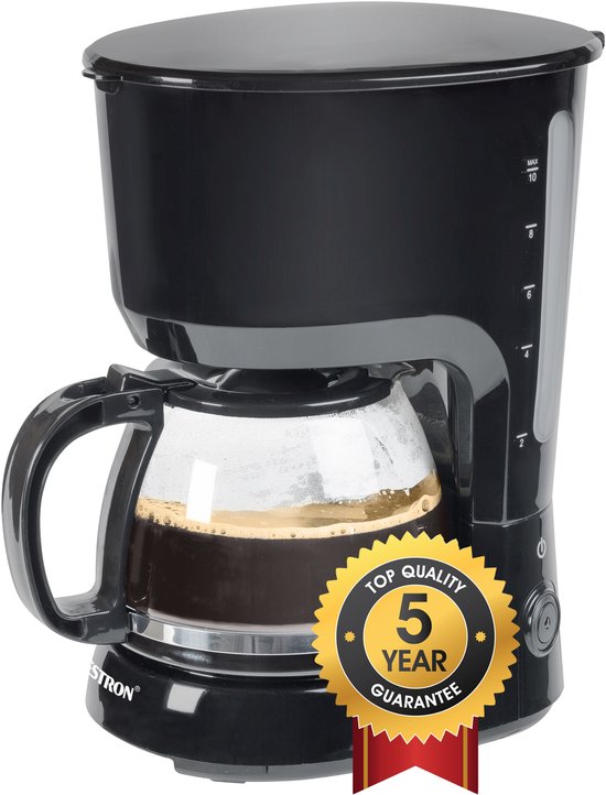 Zwart Bestron koffiezetapparaat met glazen kan met koffie. Gekroond met 'Top Quality 5 Year Guarantee'.