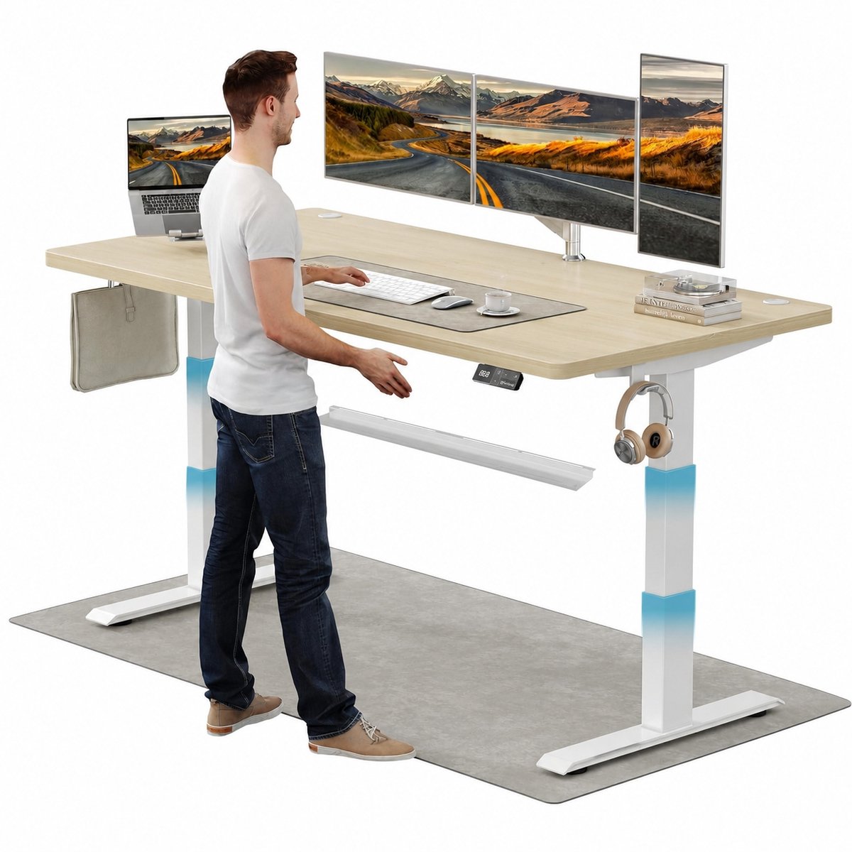 Devoko Elektrisch Zit-Sta Bureau 160x80 cm - Elektrisch Verstelbaar Bureau - In Hoogte Verstelbaar 63-128 cm - 25 mm FSC Tafelblad - Dubbele Motor - 125 kg - Wit/Beige