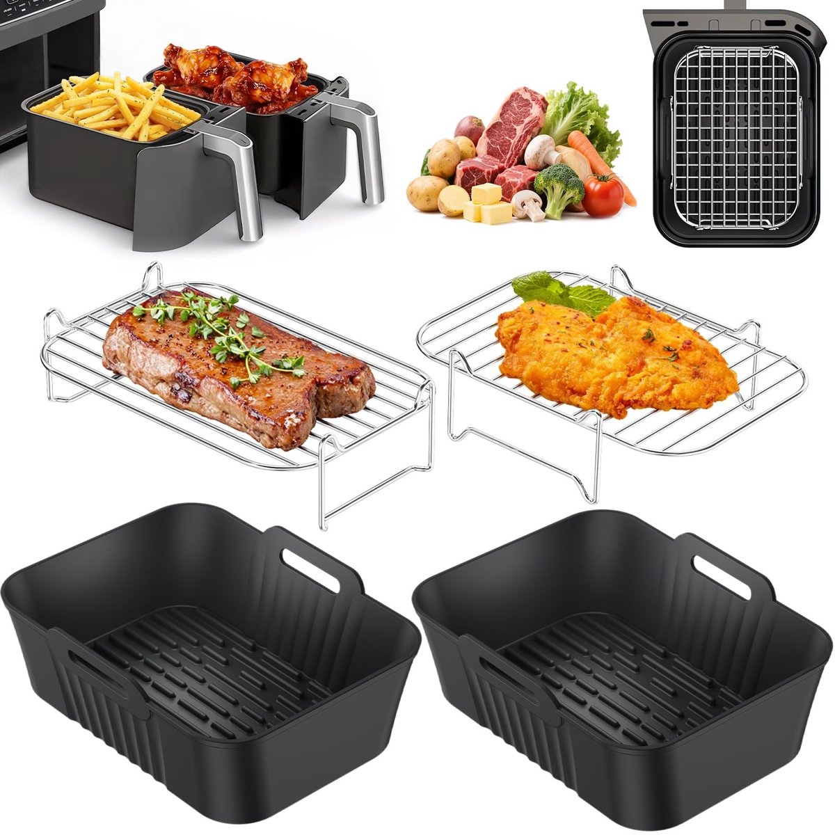 Dailygoods- Airfryer Accessoires 4-delige Set Siliconen Mallen Grillroosters Compatibel met Ninja AF300EU AF400EU Gezond Koken Betere Luchtcirculatie Heteluchtfriteuse