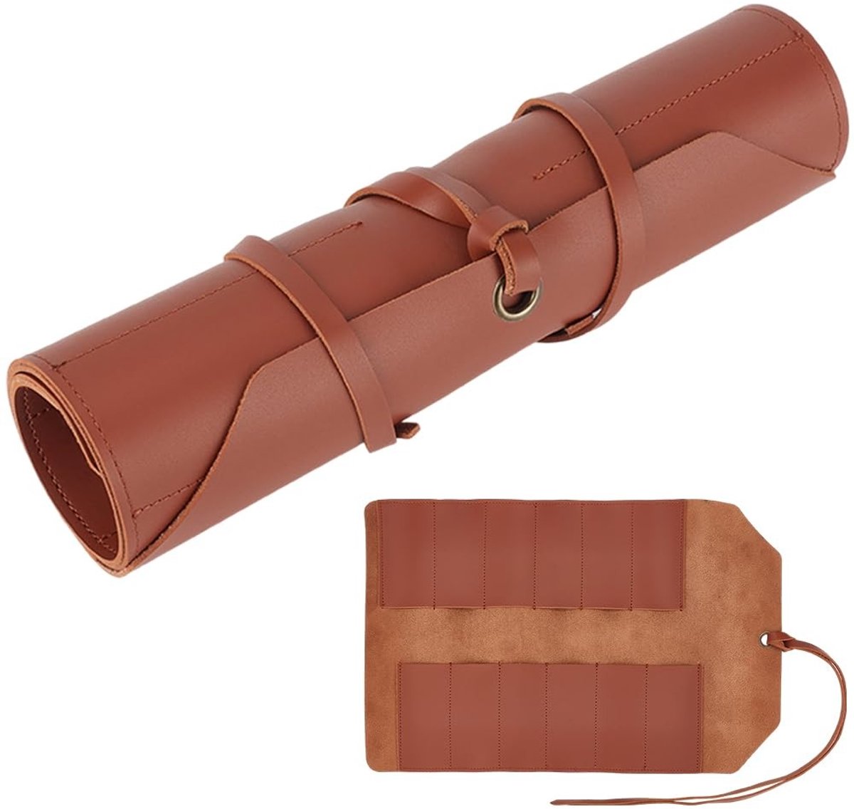 Dailygoods - Gereedschapsorganizer van leer met 12 sleuven, rechthoekig, okerstijl, vintage, retro, PU-leer, zacht, draagbaar, werktas, gereedschapstas