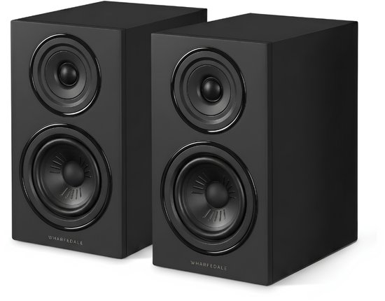 Paar zwarte Wharfedale Diamond 12.1i boekenplankspeakers met dubbele drivers.