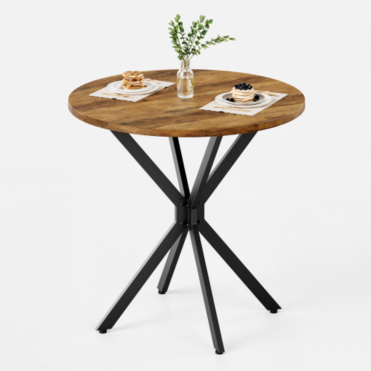 Ronde Eettafel-Industriële Ronde Eettafel met X-poot - 80x80x75 cm - Bruin/Zwart - Design tafel voor Eetkamer en Thuiskantoor