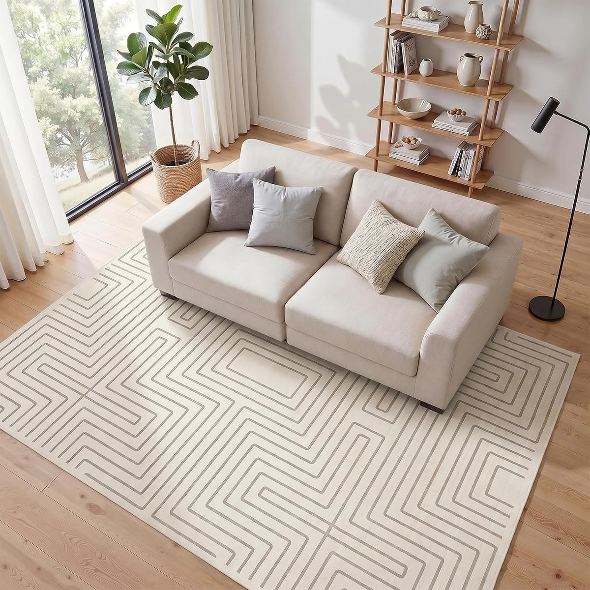 Tribesigns The Carpet - Laagpolig wasbaar Fluffy en Zacht - Woonkamer Tapijt - Antislip onderkant - Modern Geometrisch Design – Beige – 160 x 230 cm