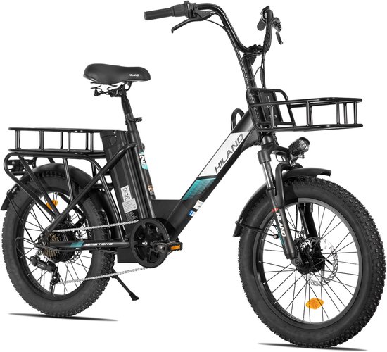 Zwarte HILAND elektrische fatbike met bagagedragers voor en achter, brede banden en verende voorvork.