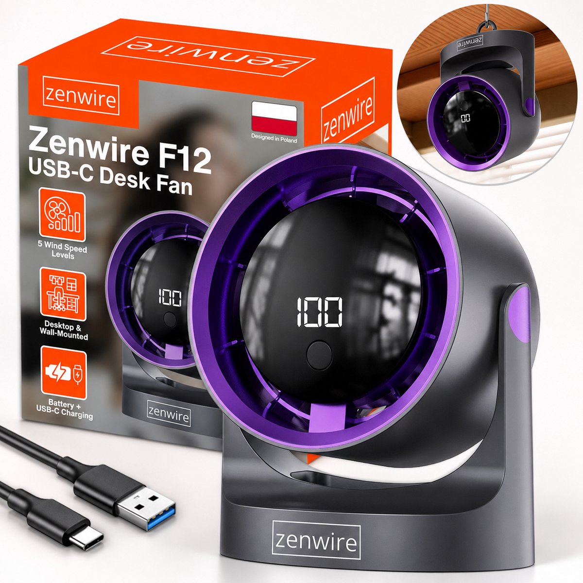 Zenwire F12 - Mini Draagbare Ventilator - Voor Kantoor - Voor Kamer - Krachtig - Instelbare Luchtstroom - Tafelventilator - Kleine Ventilator - Draaibaar - Opladen Via USB - USB-C - Stil - Bureauventilator - Zwart