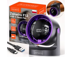 Zenwire F12 - Mini Draagbare Ventilator - Voor Kantoor - Voor Kamer - Krachtig - Instelbare Luchtstroom - Tafelventilator - Kleine Ventilator - Draaibaar - Opladen Via USB - USB-C - Stil - Bureauventilator - Zwart