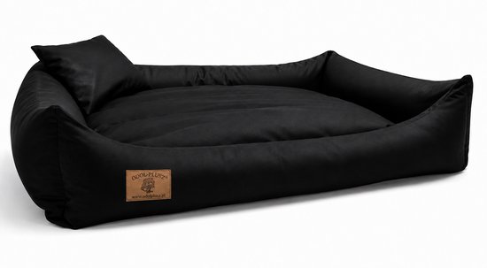 Un panier pour chien noir aux bords arrondis et surélevés avec une surface de couchage souple. Le panier a un logo marron.