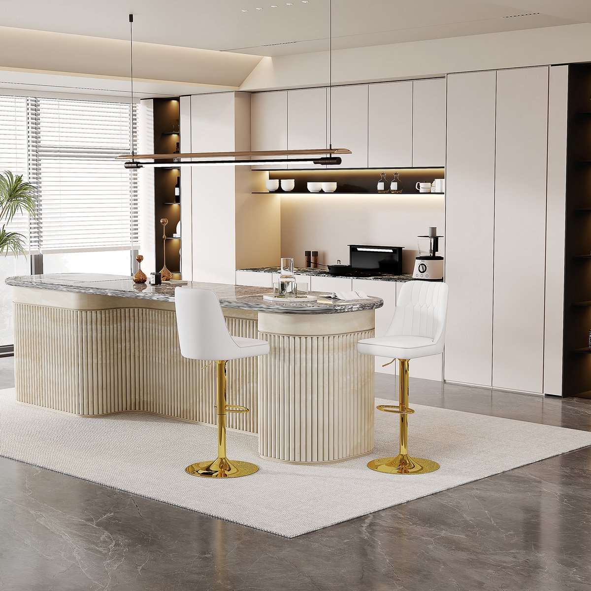 Clruro Barkruk Set - 2 Stuks - Steppatroon Rug - 360° Draaibaar - PU-Leer + Metaal - Wit/Goud