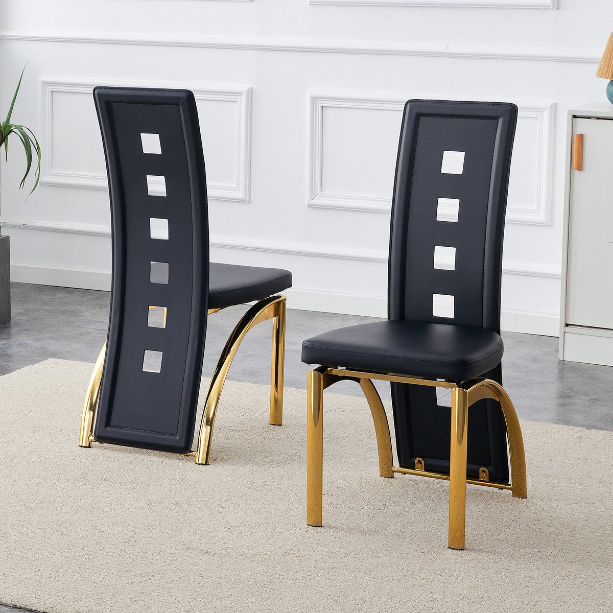 Clruro Eetkamerstoel Set - 102,5 cm - Opengewerkt Design - PU-Leer + Metaal - Zwart/Goud