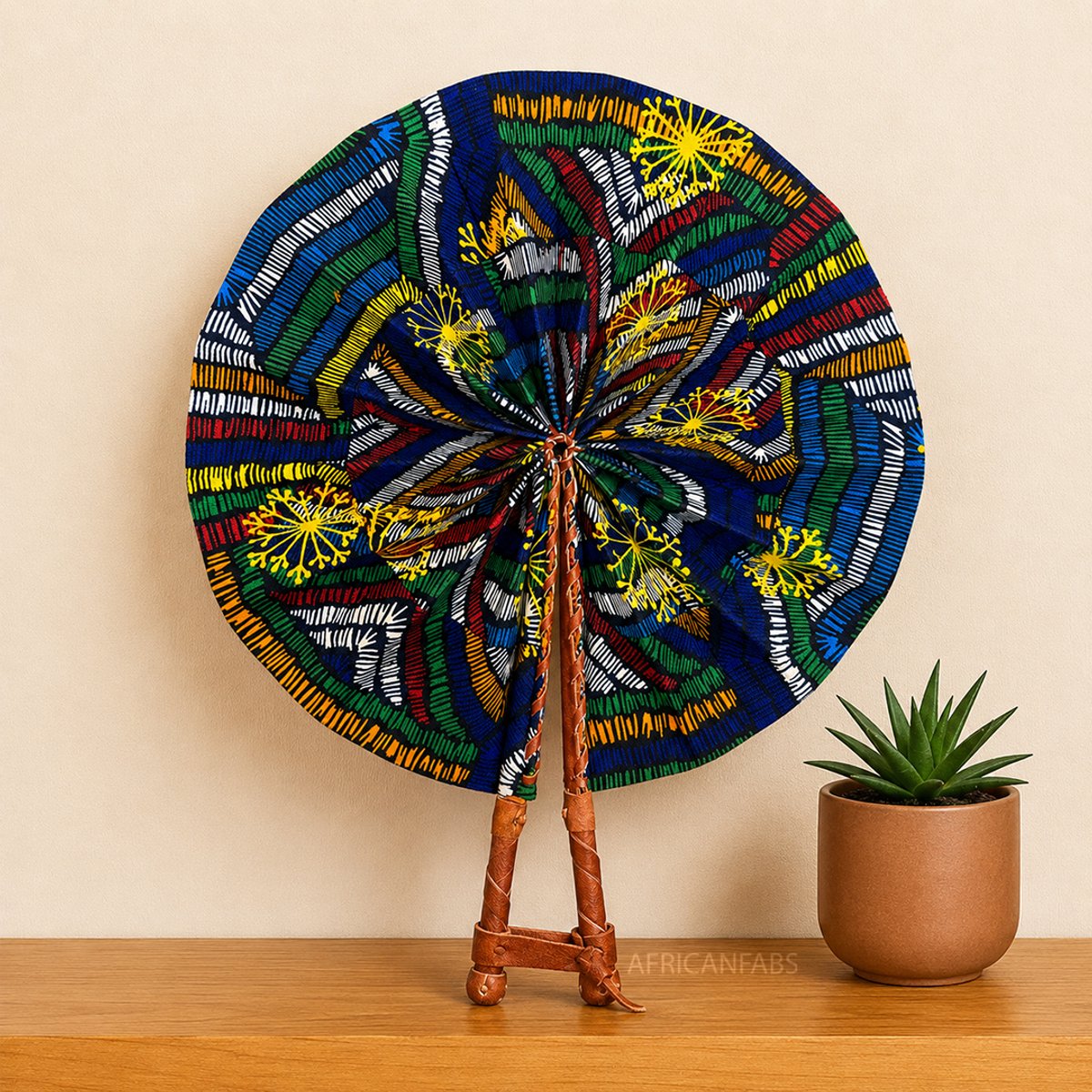 Afrikaanse handwaaier - Ankara print waaier - Blauw Geel Boakye