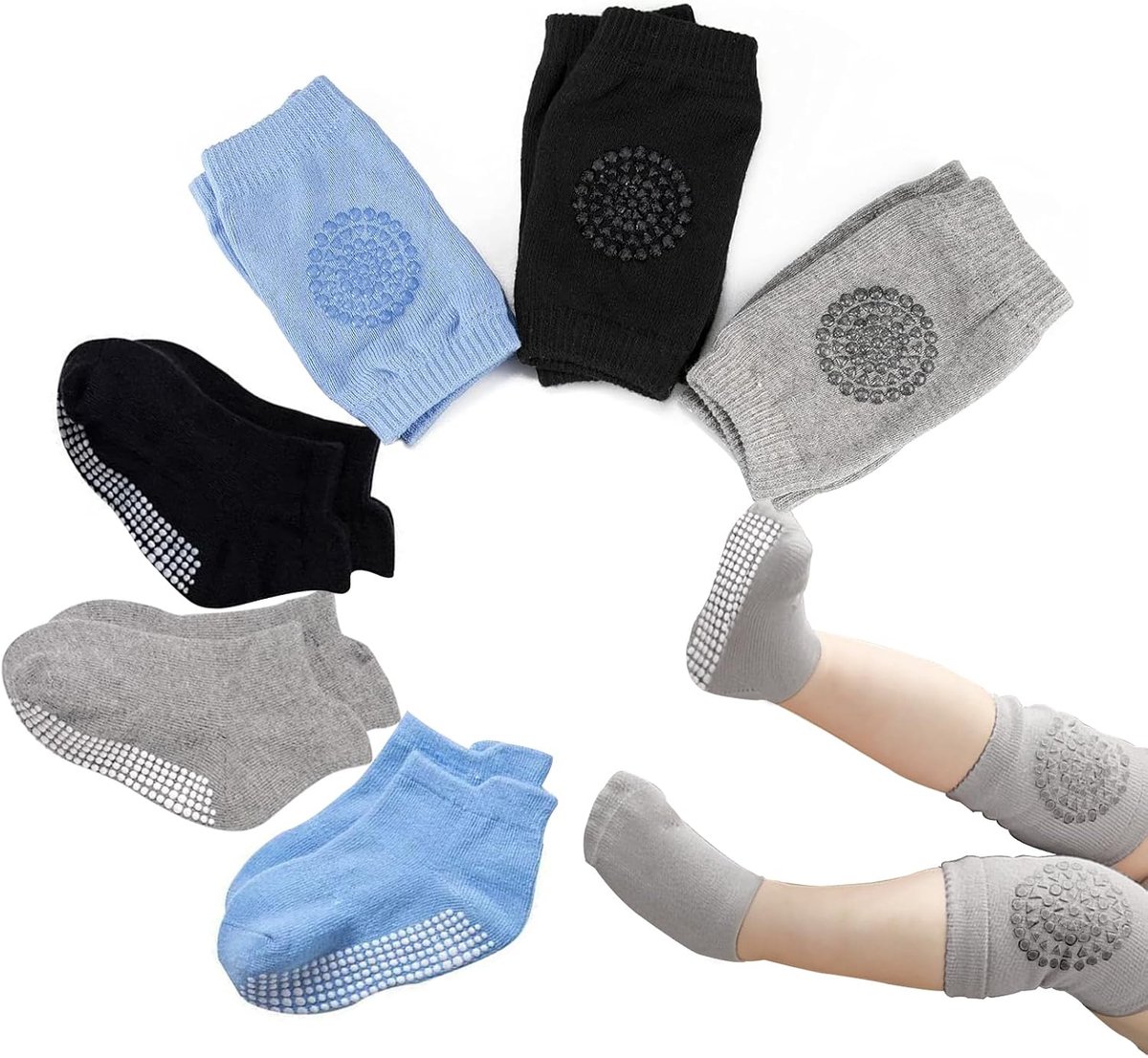 Baby Kniebeschermers - Babysokjes - Leren Kruipen - Antislip Grip - 3 Paar - Multicolor