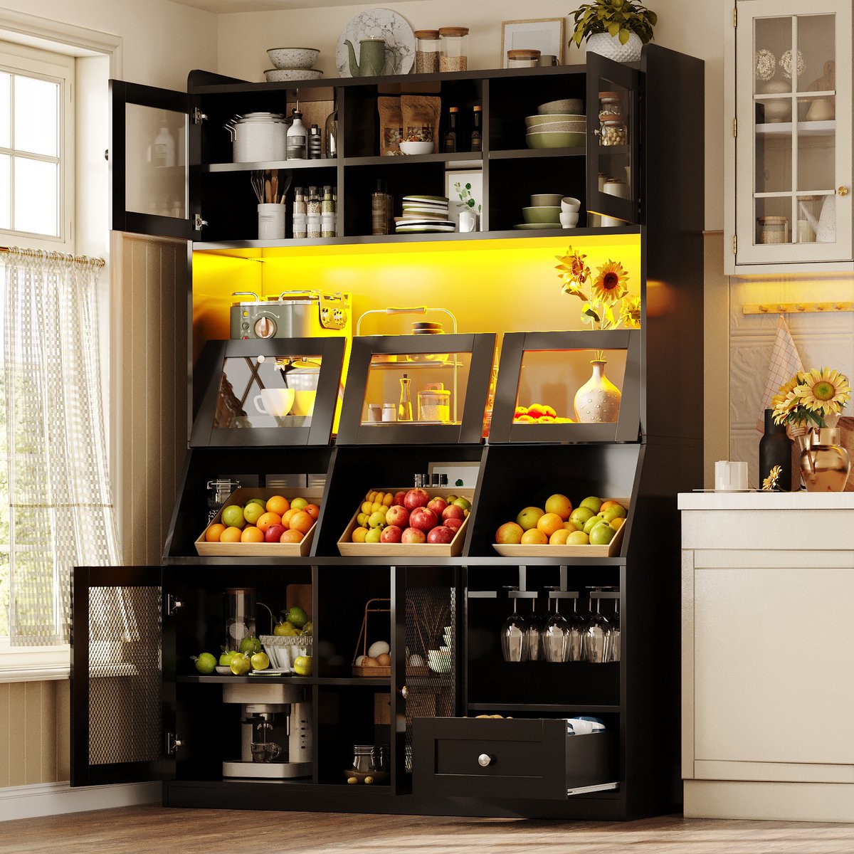 Keukenkast 120x40x181,7 cm - hoge kast met USB-poort - buffetkast met glazen deur en LED-verlichting - zwart