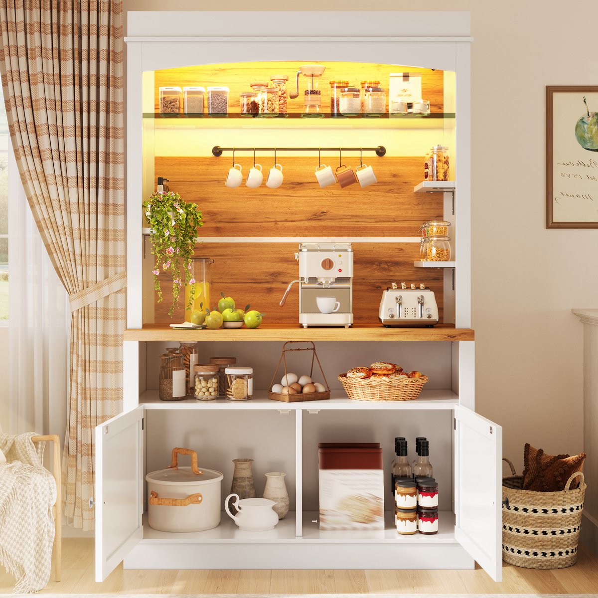 Hoge kast - met LED-verlichting en glazen planken - buffetkast - met haakstrip - wit