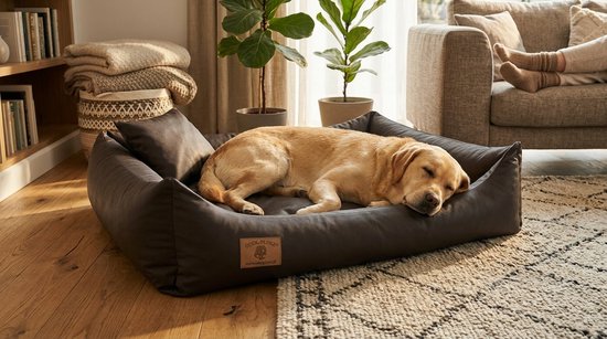 Bruine hondenmand met een slapende hond. De mand heeft hoge, zachte randen en een bruin logo aan de zijkant.