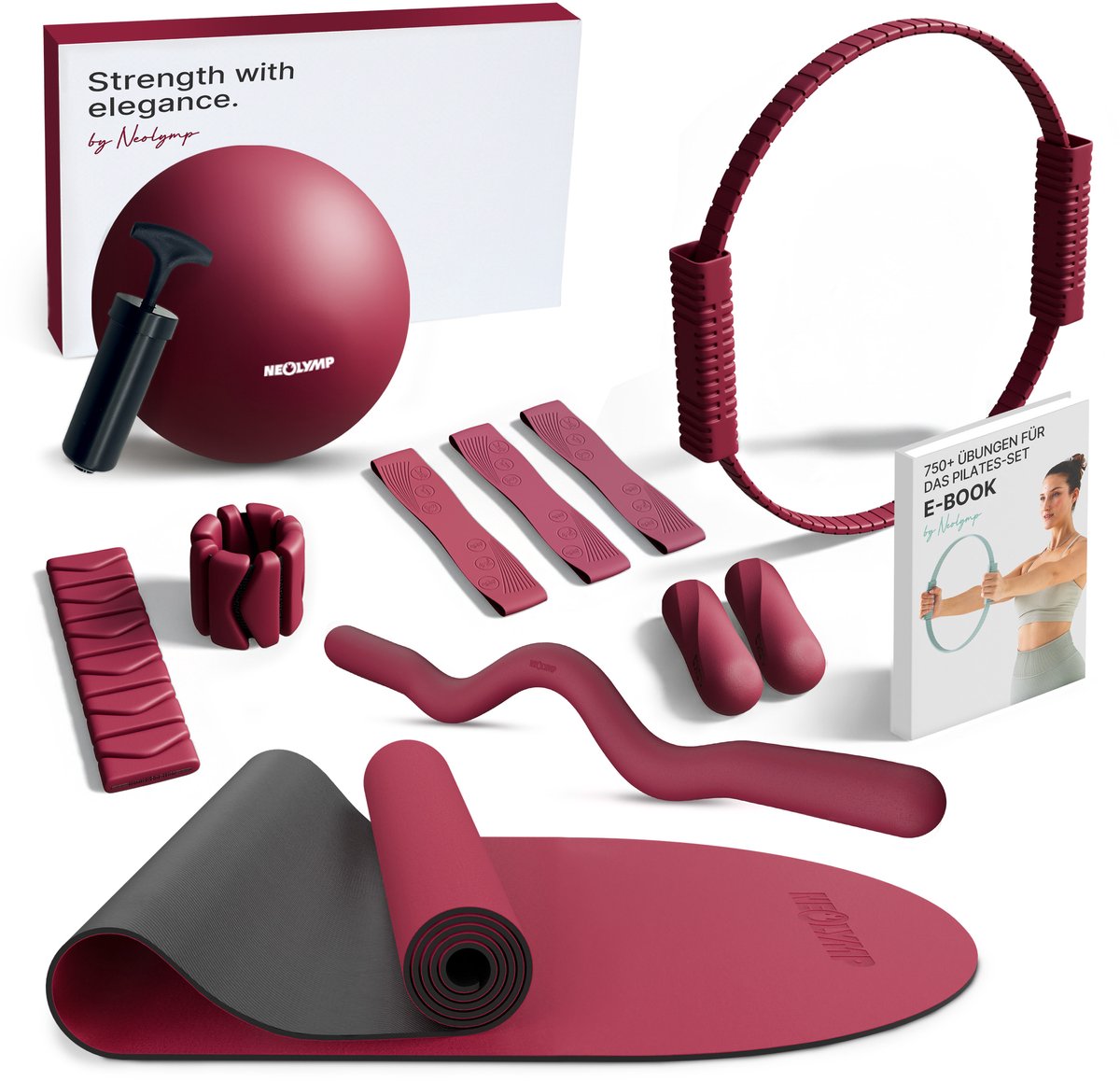 NEOLYMP Pilates Pro set met SZ-stang 6,8 kg, mat, ring, bal, banden & halters