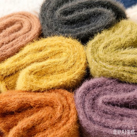 Een close-up van wollen sokken in pastelkleuren: oranje, okergeel, groen, roze en paars.