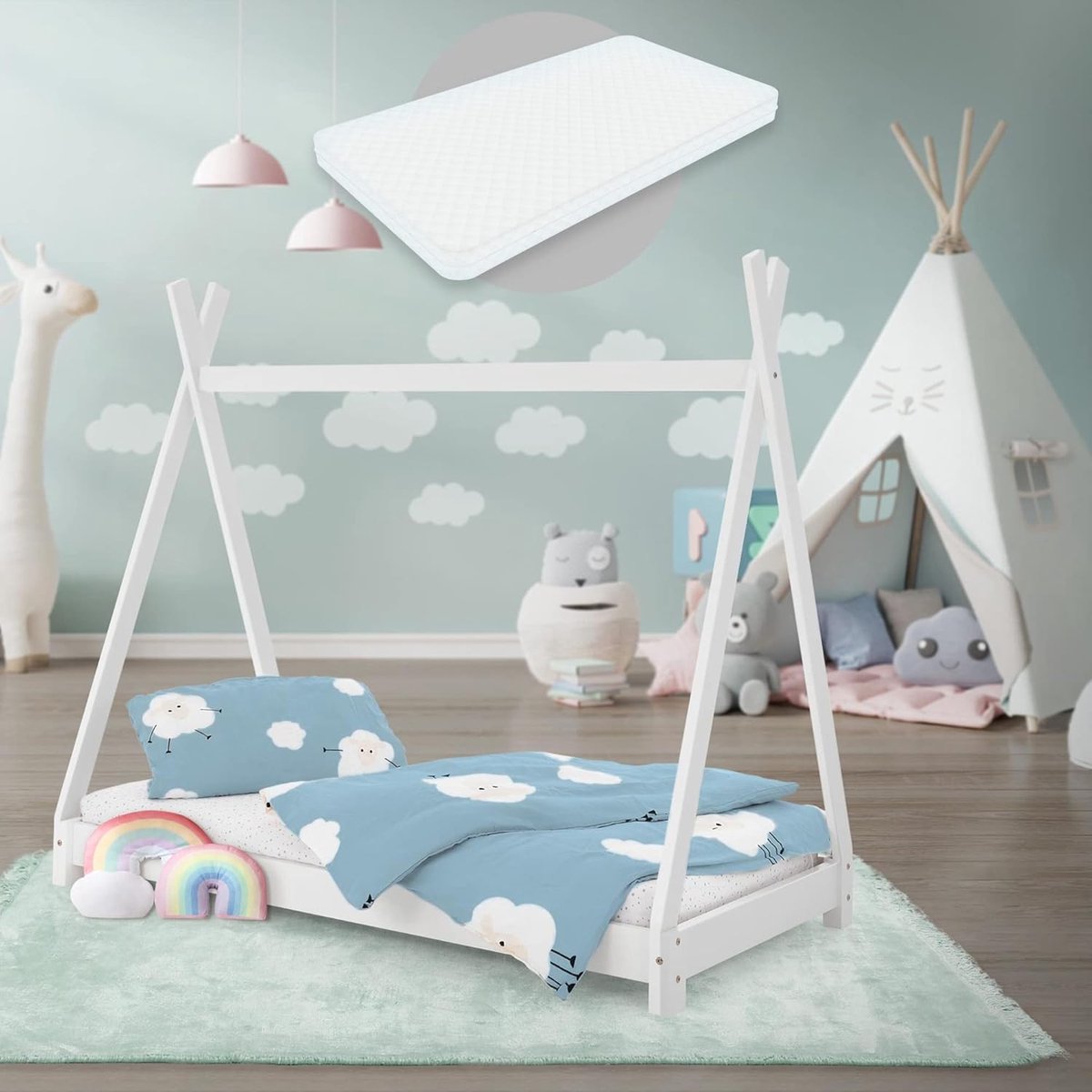 Kinderbed huisje - Speelbed tent - Avontuurlijk slapen - Inclusief matras - 70x140 cm - Wit