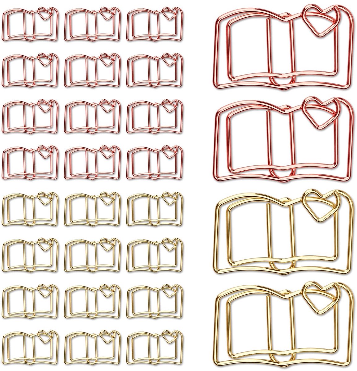 Dailygoods - 30 stuks boekvormige paperclips, roségoud en goud, schattige paperclips voor school en bruiloftsdecoraties, grappig schrijfwaren als cadeau voor leraren en gastgeschenken (in bladwijzerstijl)