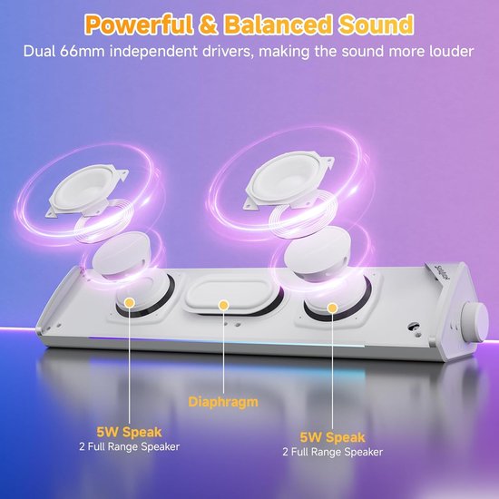 LED Soundbar - Computer speaker - Muziek en Gaming - 5 Lichtstanden - 3 Ohm Impedantie - Wit — afbeelding 4