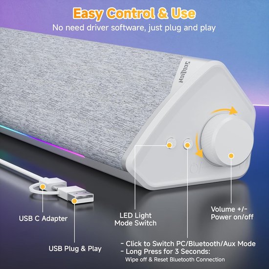 LED Soundbar - Computer speaker - Muziek en Gaming - 5 Lichtstanden - 3 Ohm Impedantie - Wit — afbeelding 3