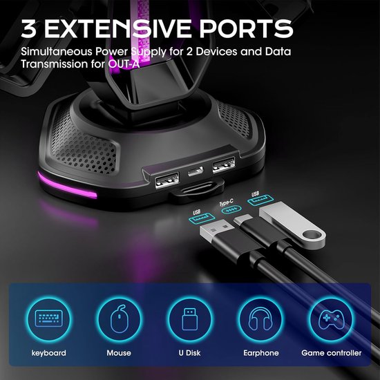 Controllerhouder Hoofdtelefoonstandaard - Gaming Accessoire - Bureau Organisatie - 9 RGB Lichtmodi - 4 Controllers 1 Headset - Zwart — afbeelding 2