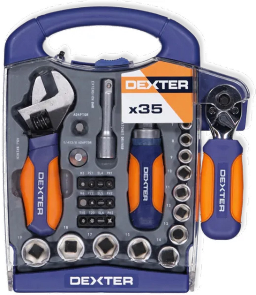 DEXTER Stubby Schroevendraaier- en Doppenset 35-delig – Compacte Ratelschroevendraaier met Bits en Doppen – Opbergkoffer
