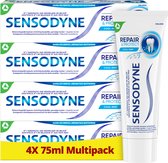 4x 75ml multipack Sensodyne Repair & Protect Cool Mint tandpasta met blauwe lijnen en witte productdetails.