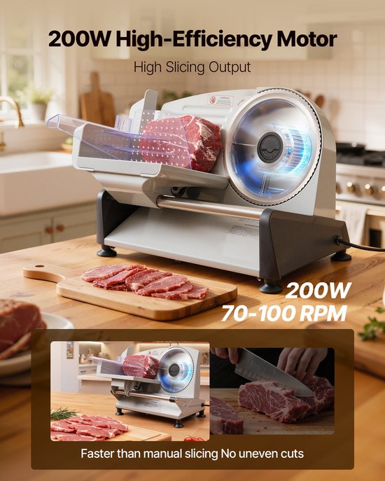 Universele Elektrische Vleessnijmachine 200 W met 19 cm Mes, Instelbare Snijdikte van 0–15 mm, Geschikt voor Diepvriesvlees, Ham en Biefstuk — afbeelding 5