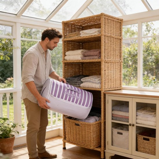 Beddengoed Opbergtas - Cilindrische Organizer - Ruimte Besparen - Rollend Compressie Mechanisme - M 55x33cm - Paars — afbeelding 4