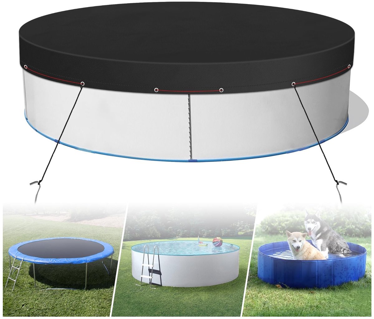 Dailygoods - Zwembadafdekking rond Ø 310 cm, ronde zwembadafdekking voor bovengrondse zwembaden, uv-bescherming, afdekzeil met vloernagels voor waterdicht en stofdicht (zwart)