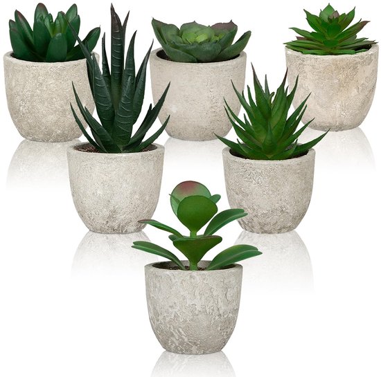 Set van vijf diverse kunstvetplanten in identieke getextureerde grijze potten tegen een witte achtergrond.