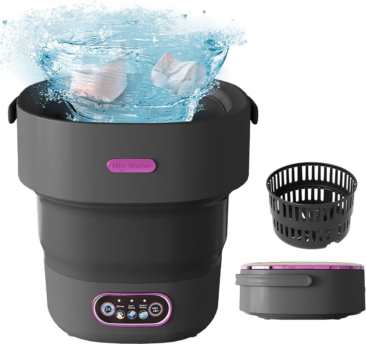 Mini Wasmachine Draagbare Wasmachine Kamperen en Reizen Opvouwbaar met Centrifuge 13 Liter Zwart Paars