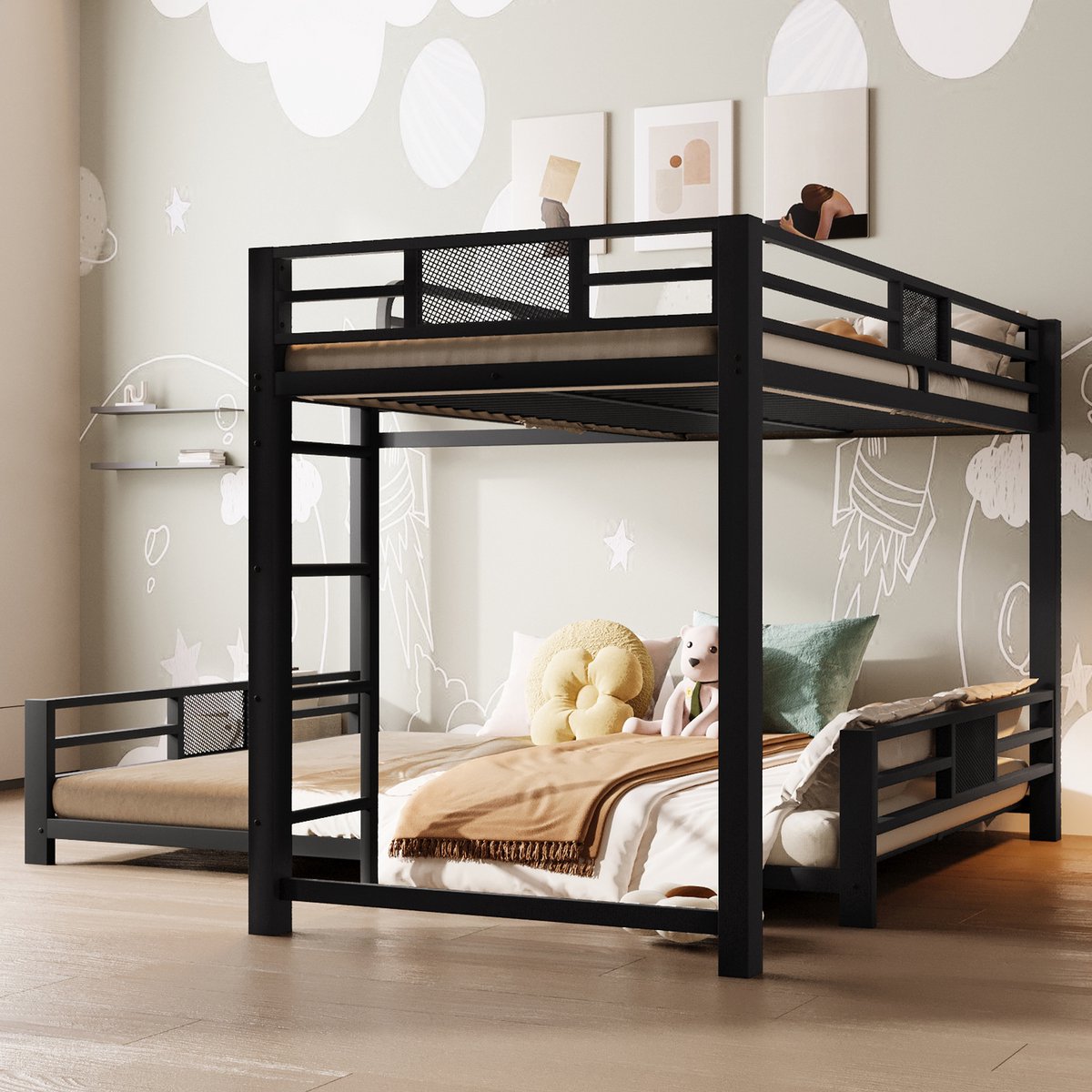 MEUNIQ L-vormig metalen stapelbed 90x200 en 140x200, met ladder en veiligheidshekken, bedframe voor kinderkamer, slaapkamer of logeerkamer, zwart
