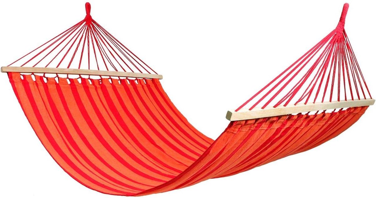 Hangmat Houten Frame - Lounge Hangmat - Tuin Ontspanning - Stabiele Houten Splijter - 200 x 150 cm - Rood Oranje