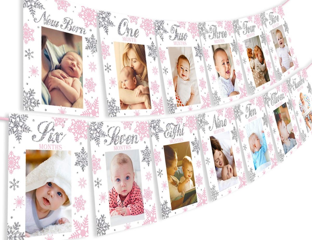 Dailygoods- Fotobanner Sneeuwvlok - Mijlpaal Maandelijks - Eerste Verjaardag - Roze/Zilver - 13 Clips - Glinsterend Patroon - Mijlpaalbanner