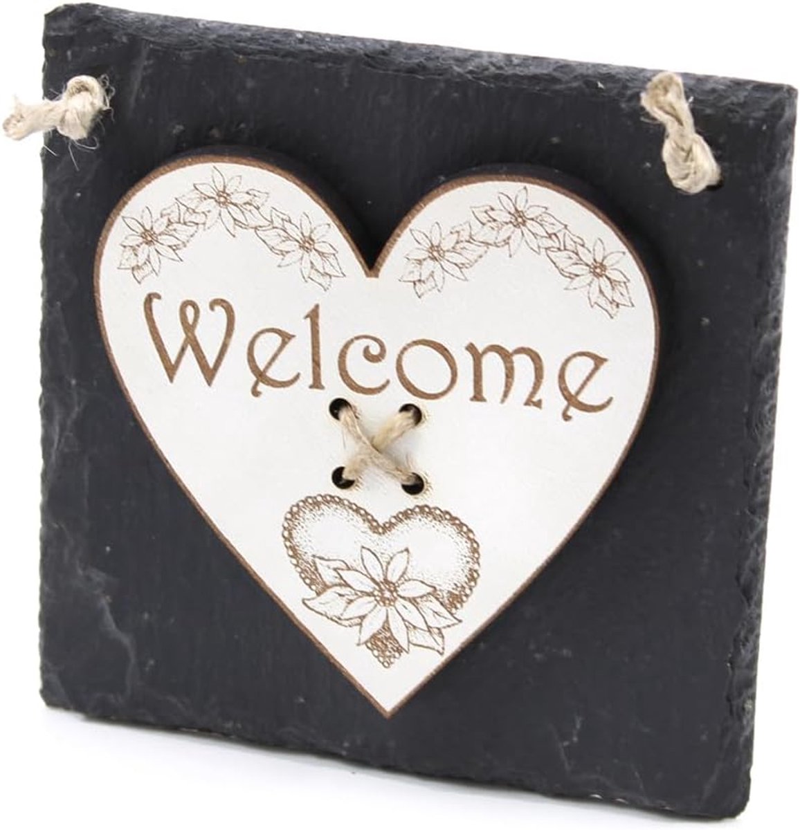 Leisteen bord - Decoratie met hart - Voordeur welkom - Gegraveerd ontwerp - 11 x 11 cm - Antraciet