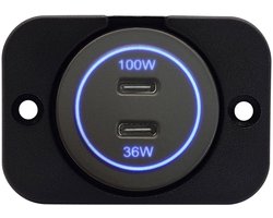 ProRide 12-24V USB C Autolader 2 Poorten Inbouw - 100W+36W - Enkelvoudig Paneel - Blauw - USB-C Stopcontact