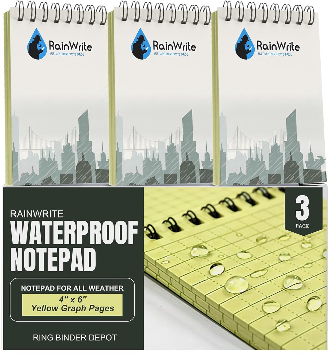 Waterdicht Notitieblok - Schrijfblok Weerbestendig - Notities Maken Buiten - Speciaal Weerbestendig Papier - 4x6 Inch 3 Stuks - Geel Raster